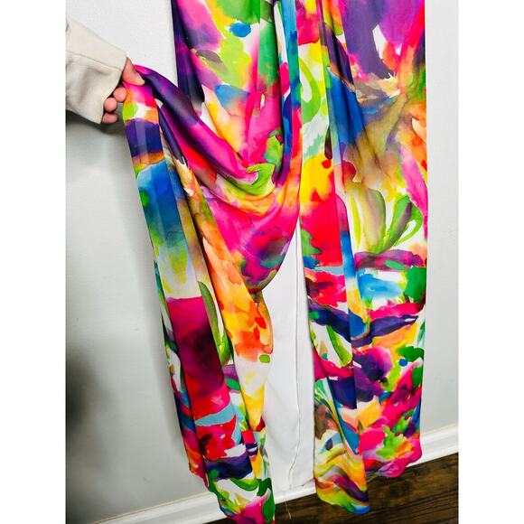 LIV FOSTER Tie Dye Multicolor Floral Abstract Side Cutout A-Line Gown Size 10 - Picture 14 of 16